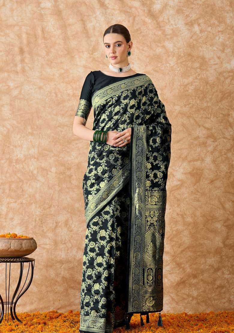 Black Motif Silk Blend Saree Set - Indya