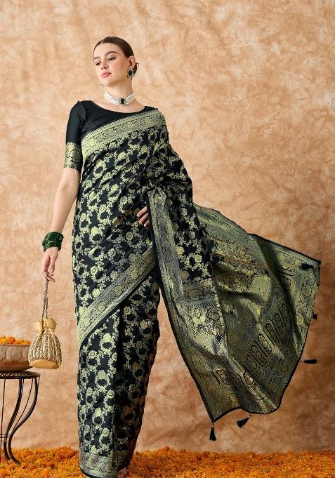 Black Motif Silk Saree Set