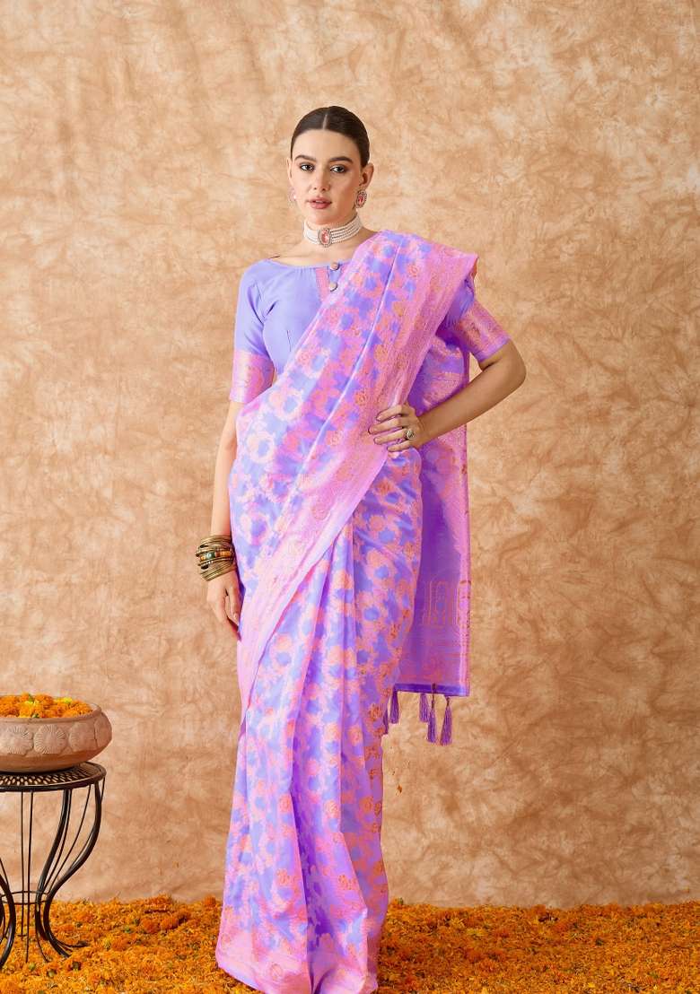 Lavender Motif Silk Blend Saree Set - Indya