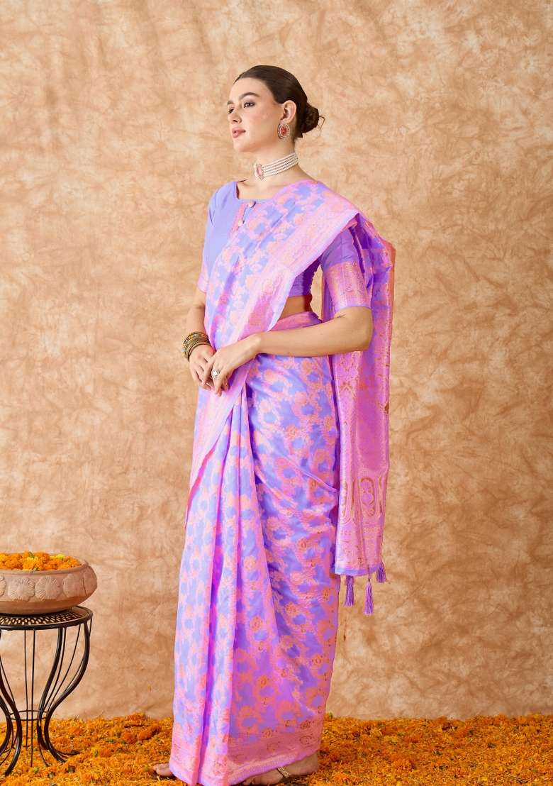 Lavender Motif Silk Blend Saree Set - Indya