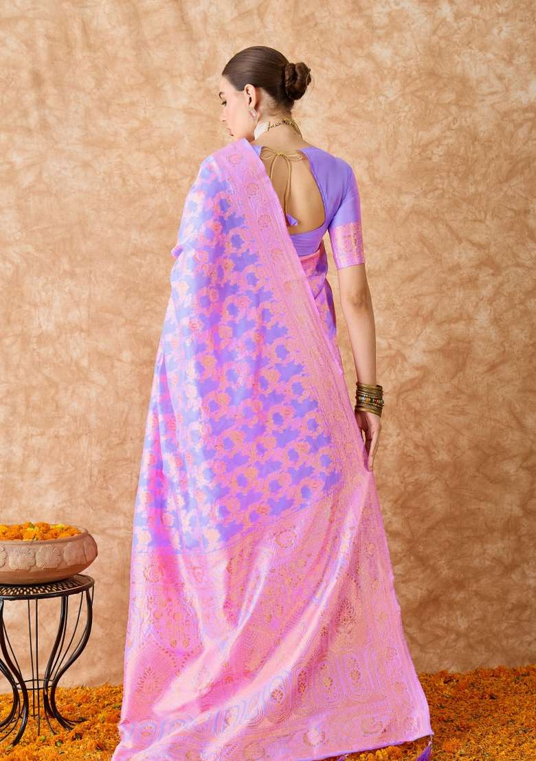 Lavender Motif Silk Blend Saree Set - Indya