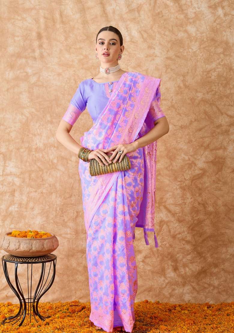 Lavender Motif Silk Blend Saree Set - Indya