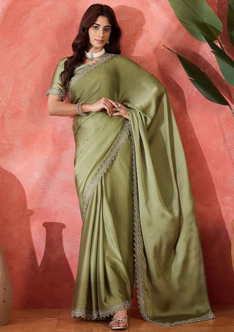 Sea Green Embellished Chiffon Saree Set - Indya