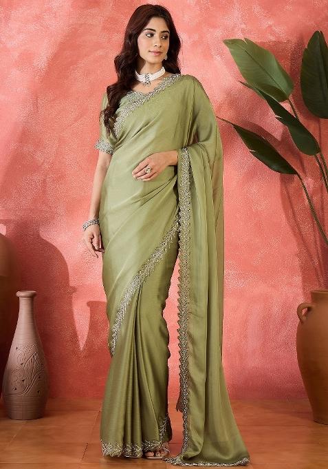 Sea Green Embellished Chiffon Saree Set