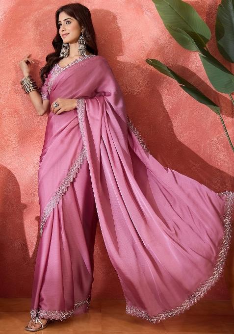 Light Purple Embellished Chiffon Saree Set