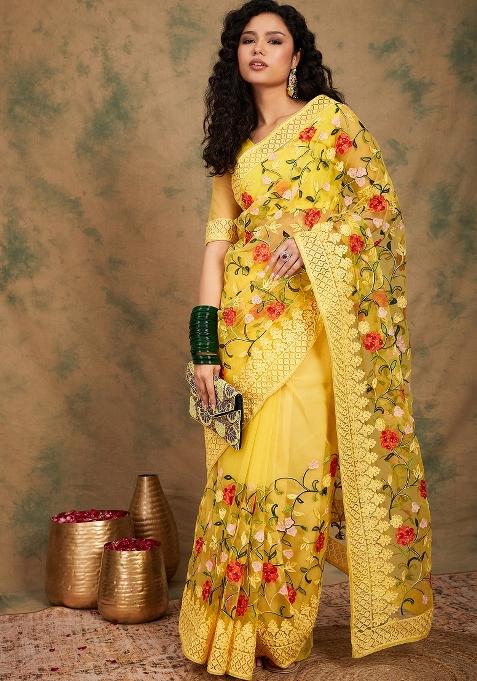 Yellow Embroidered Net Saree Set