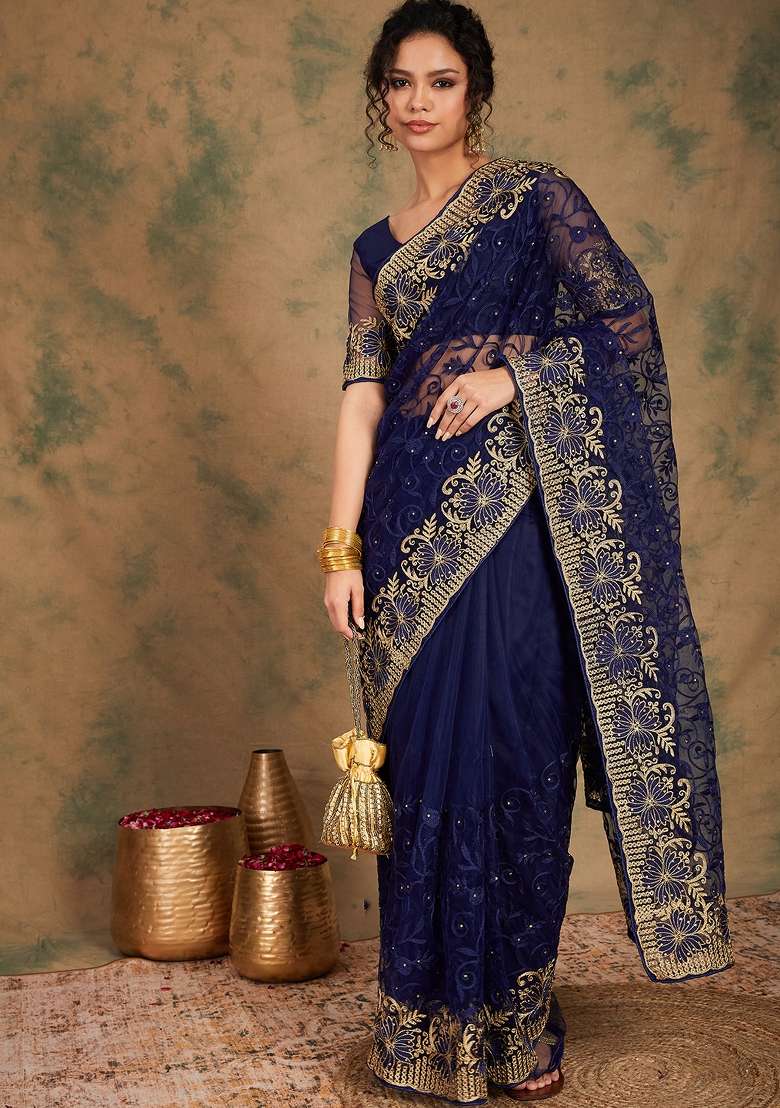 Navy Blue Embroidered Net Saree Set - Indya