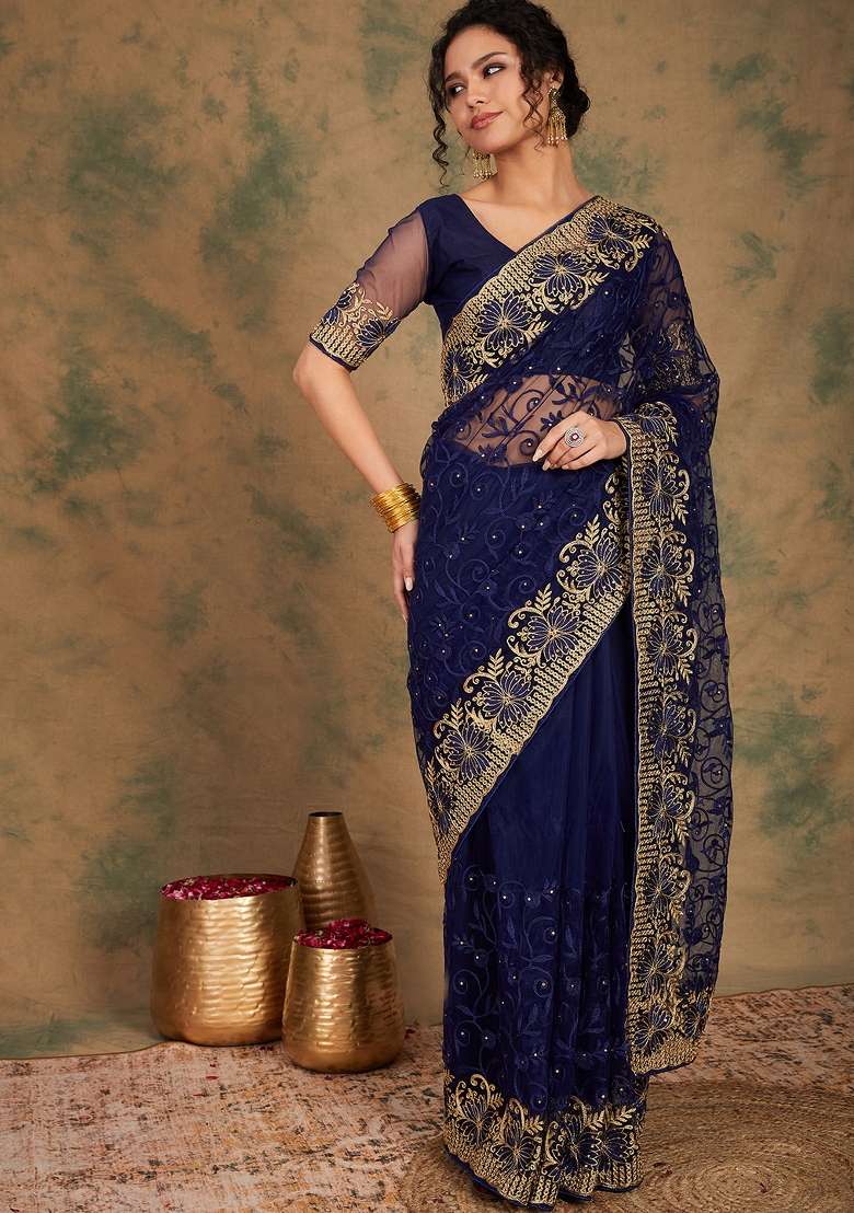 Navy Blue Embroidered Net Saree Set - Indya