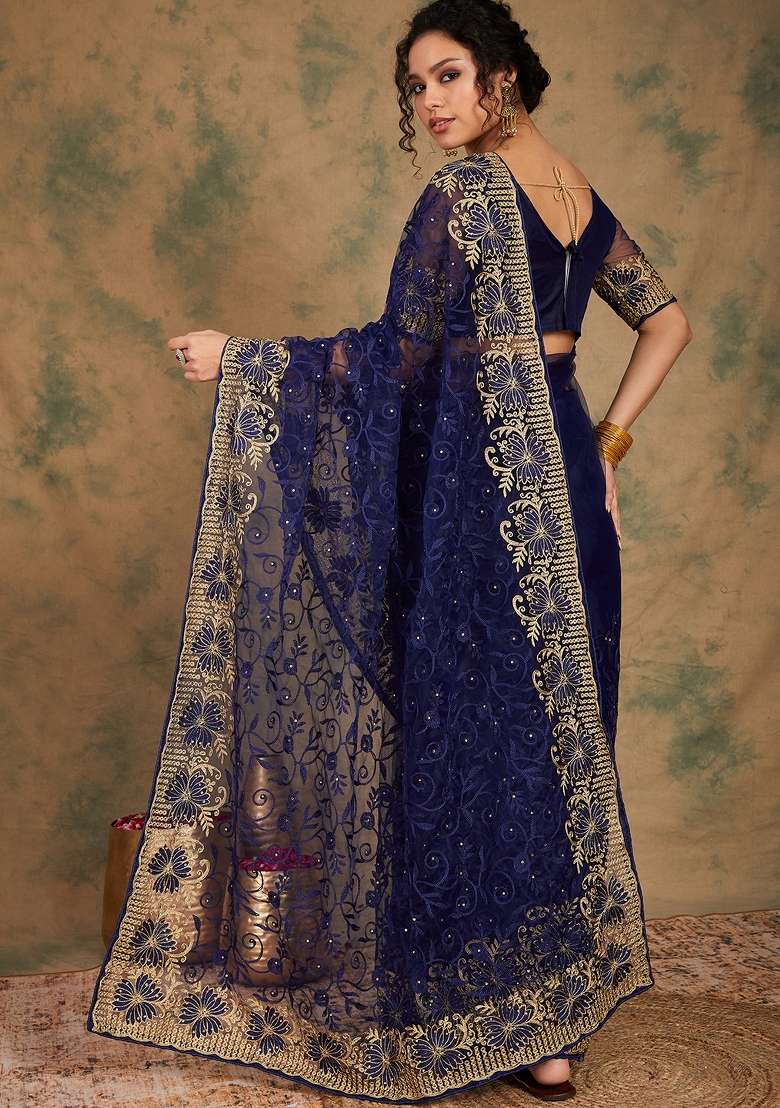 Navy Blue Embroidered Net Saree Set - Indya