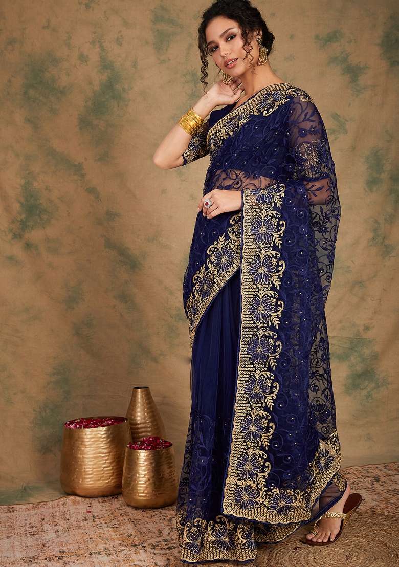 Navy Blue Embroidered Net Saree Set - Indya