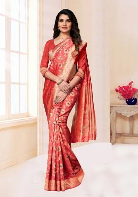 Peach Motif Silk Saree Set