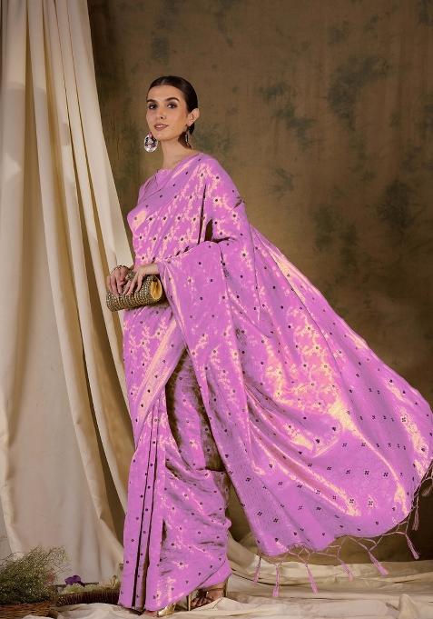 Baby Pink Motif Silk Saree Set