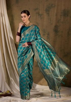 Teal Motif Silk Saree Set