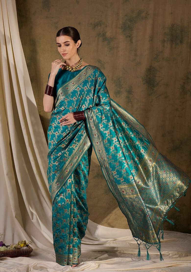 Teal Motif Silk Blend Saree Set - Indya