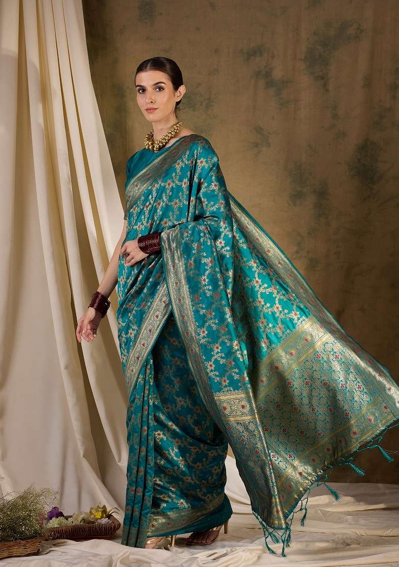 Teal Motif Silk Blend Saree Set - Indya