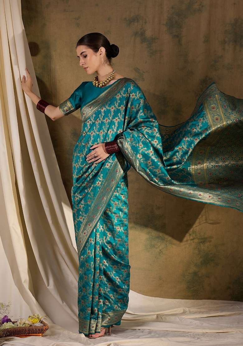 Teal Motif Silk Blend Saree Set - Indya