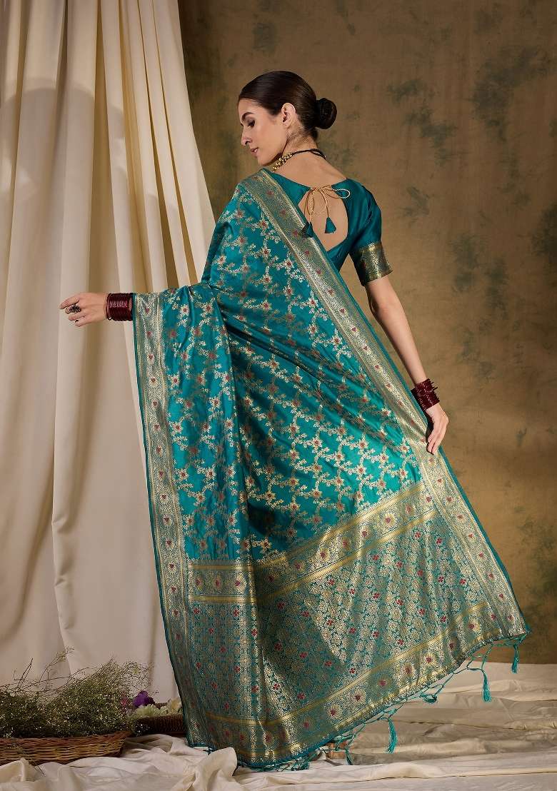 Teal Motif Silk Blend Saree Set - Indya