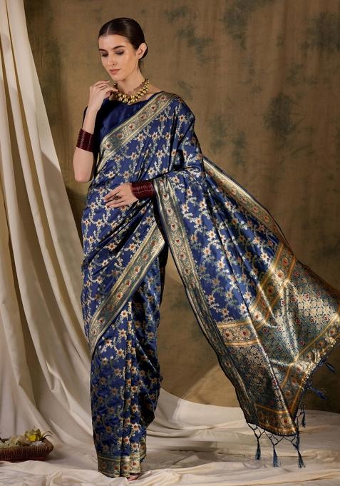 Navy Blue Motif Silk Saree Set