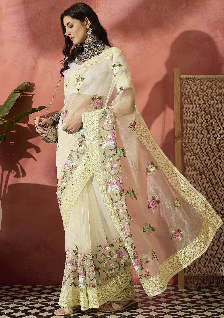 Light Yellow Embroidered Organza Saree Set - Indya