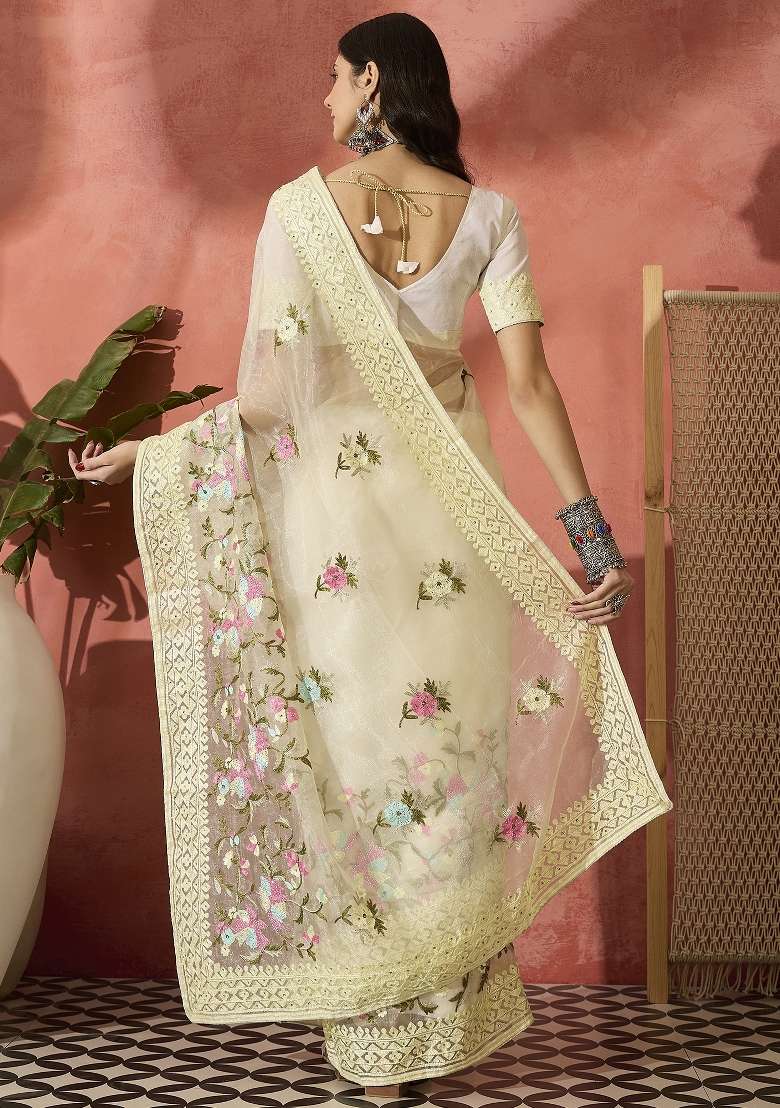 Light Yellow Embroidered Organza Saree Set - Indya