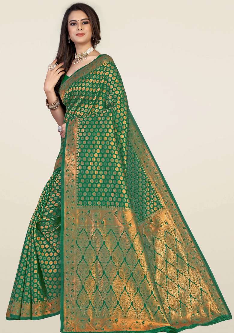 Green Motif Silk Blend Saree Set - Indya