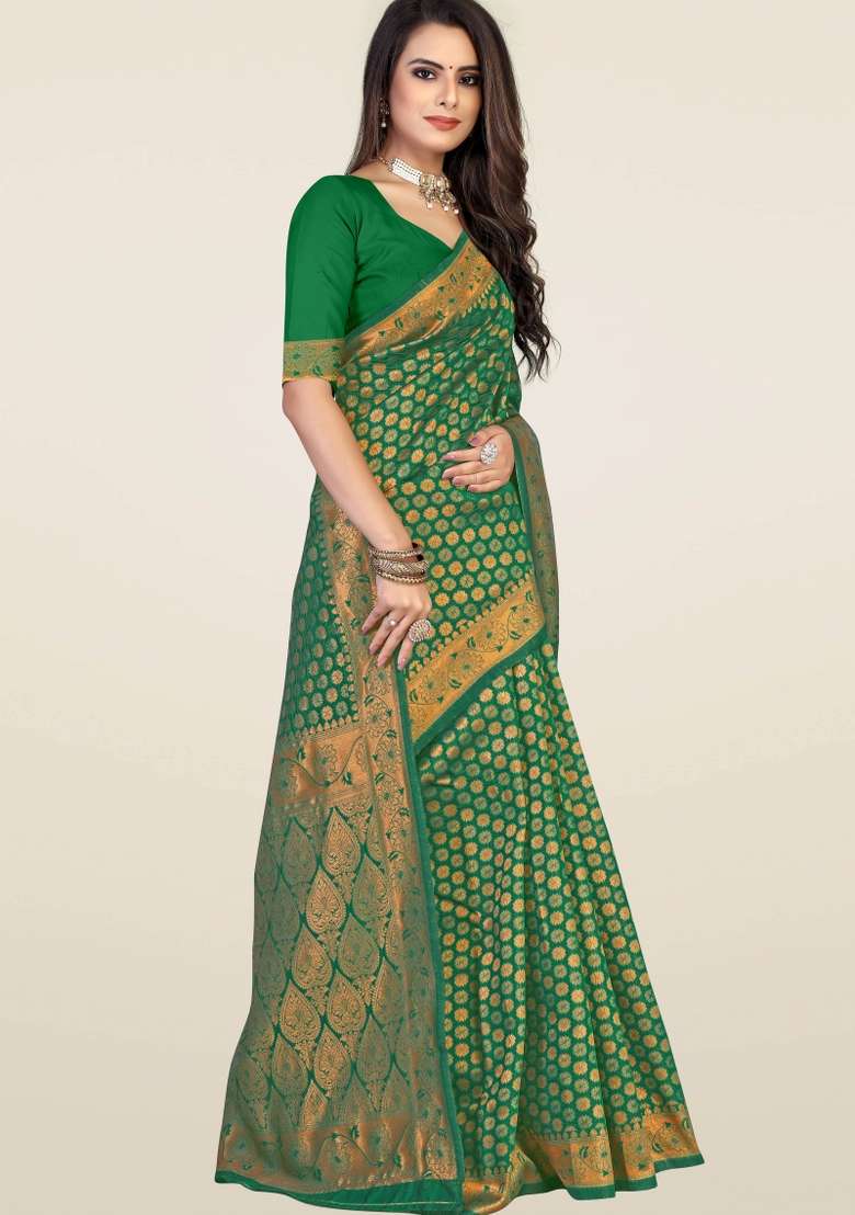 Green Motif Silk Blend Saree Set - Indya