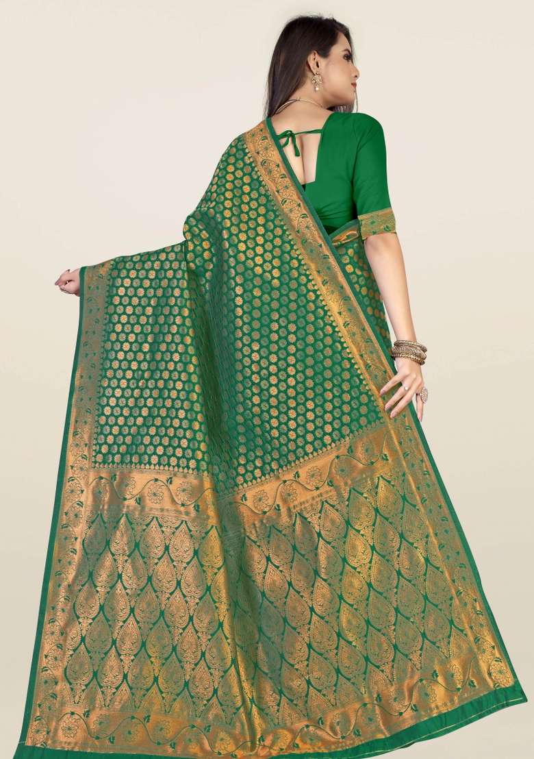Green Motif Silk Blend Saree Set - Indya