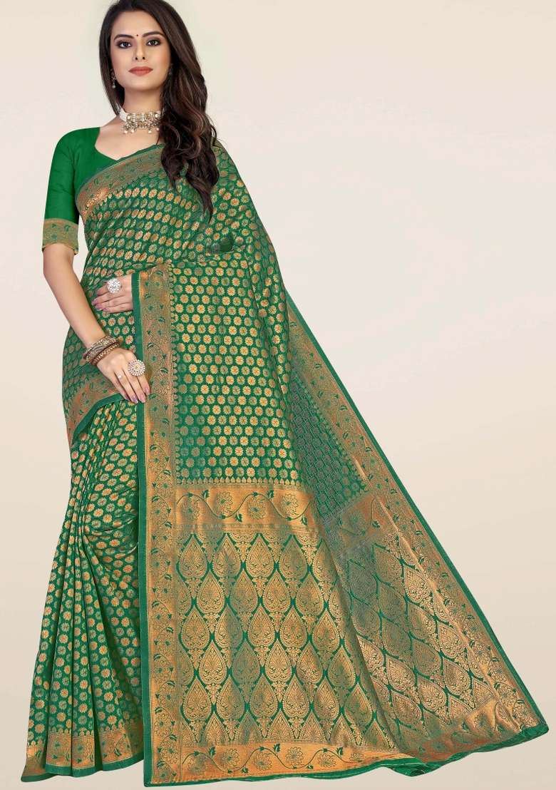 Green Motif Silk Blend Saree Set - Indya