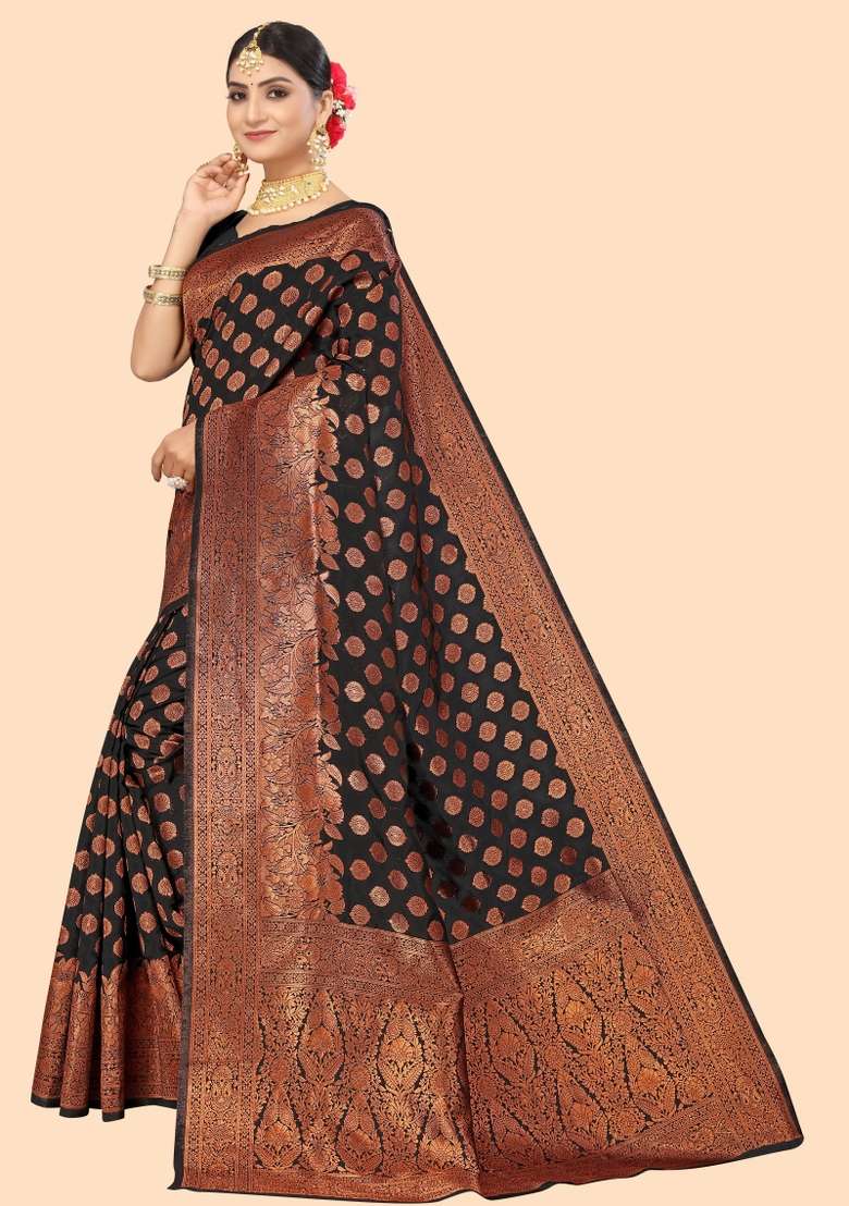 Black Motif Silk Blend Saree Set - Indya