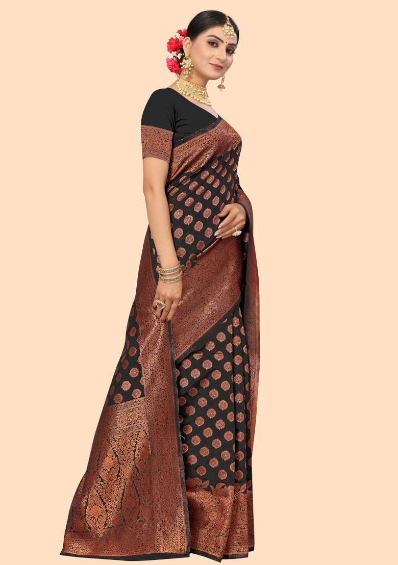 Black Motif Silk Blend Saree Set - Indya