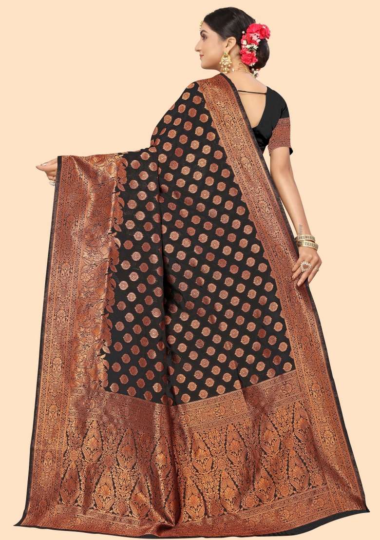 Black Motif Silk Blend Saree Set - Indya