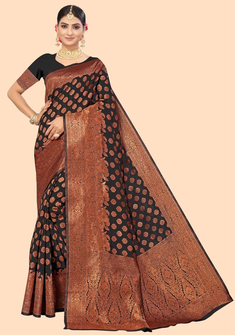 Black Motif Silk Blend Saree Set - Indya