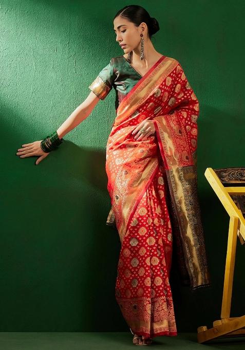 Red Motif Silk Saree Set
