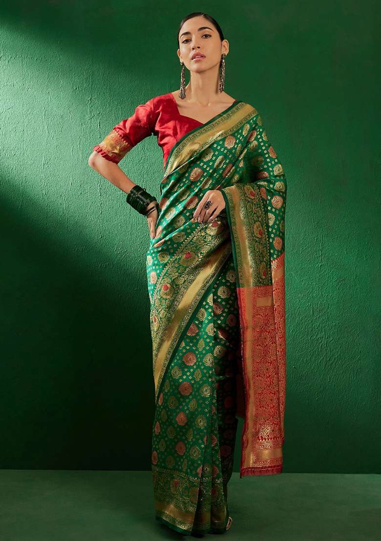 Green Motif Silk Blend Saree Set - Indya