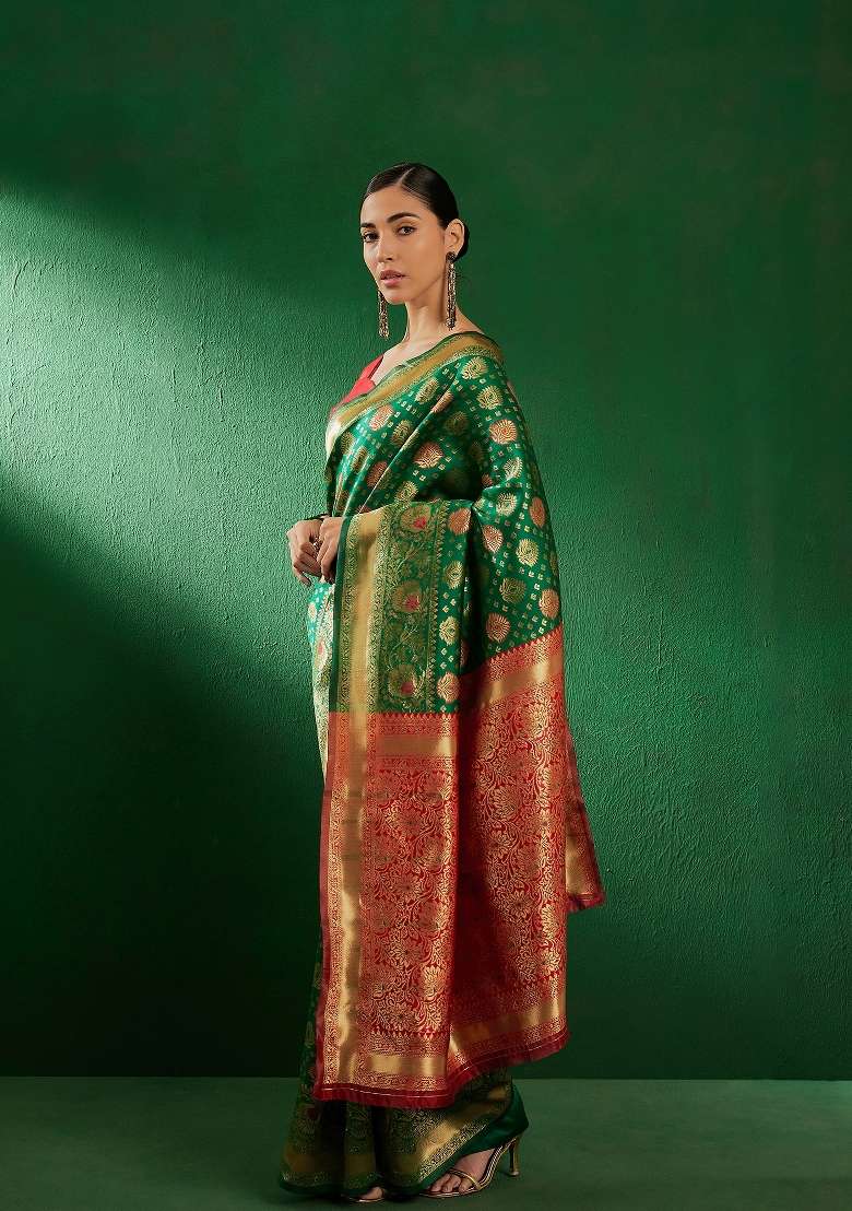 Green Motif Silk Blend Saree Set - Indya