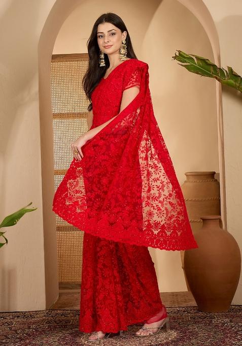 Red Embroidered Net Saree Set