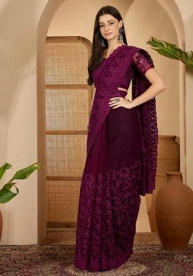 Purple Embroidered Net Saree Set