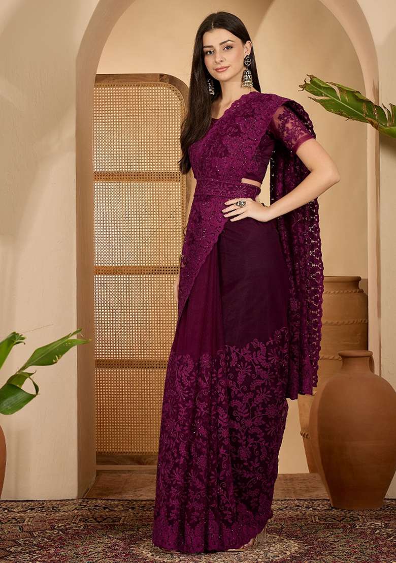 Purple Embroidered Net Saree Set - Indya