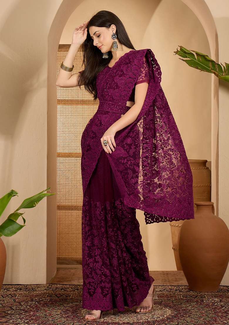 Purple Embroidered Net Saree Set - Indya