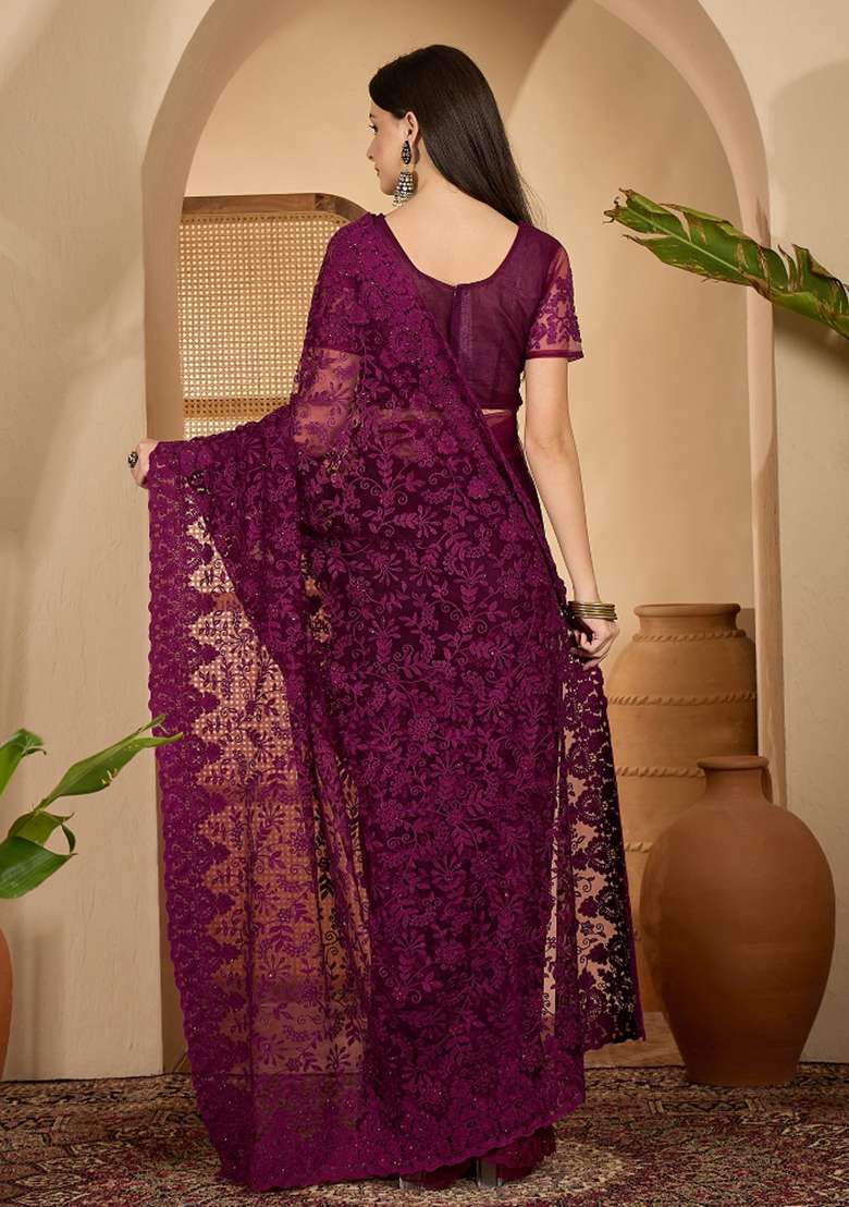 Purple Embroidered Net Saree Set - Indya