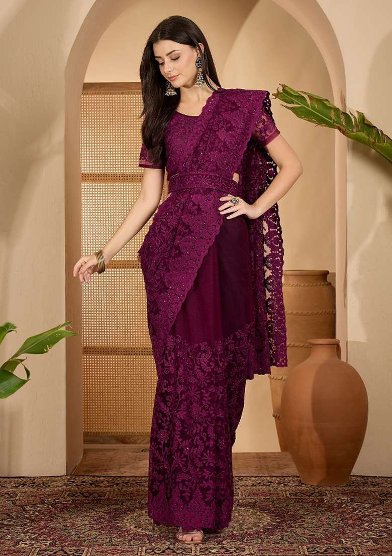 Purple Embroidered Net Saree Set - Indya