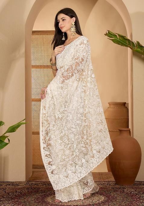 White Embroidered Net Saree Set