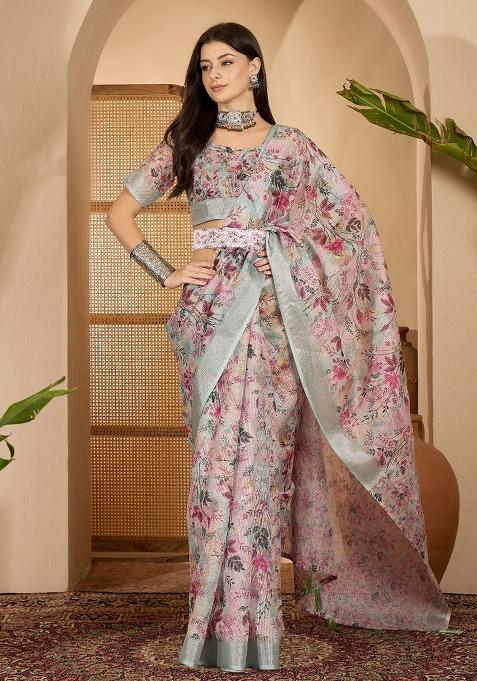 Pastel Green Printed Linen Saree Set