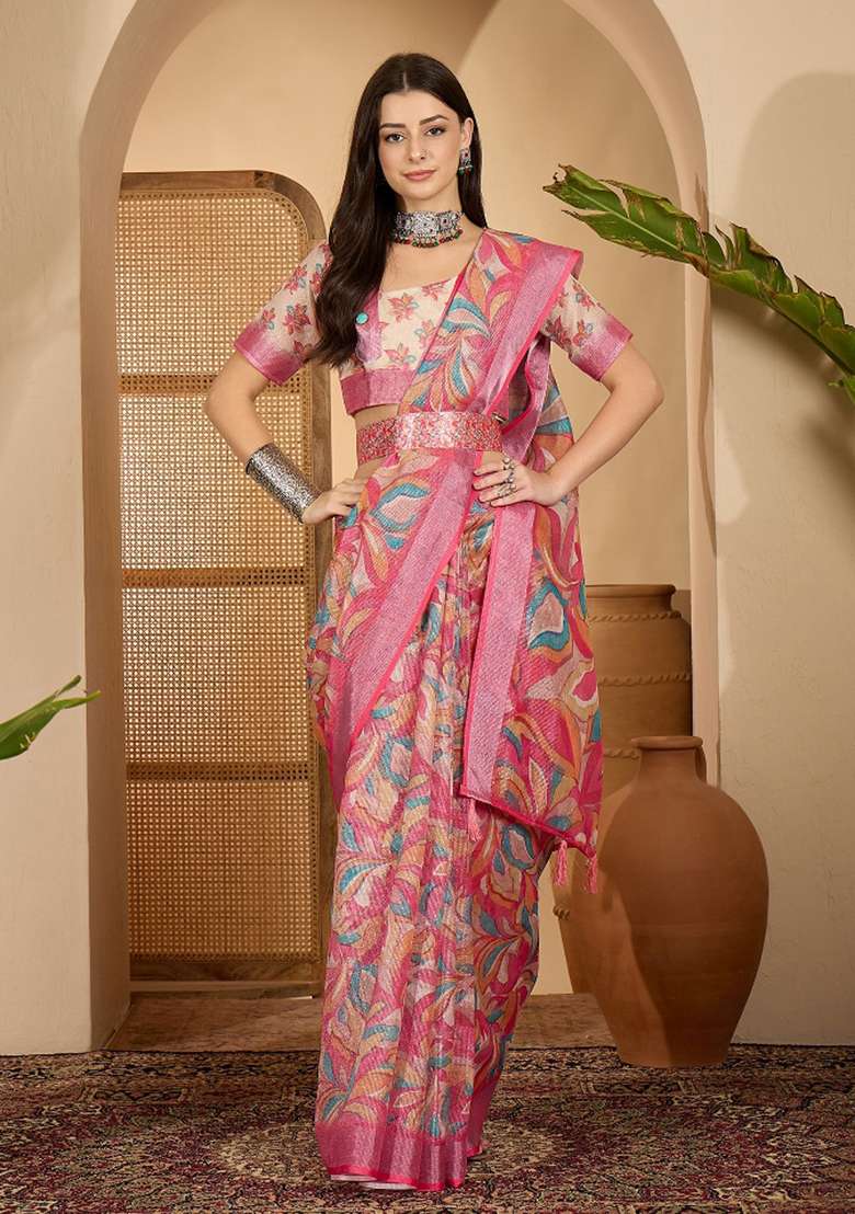 Pink Printed Linen Saree Set - Indya