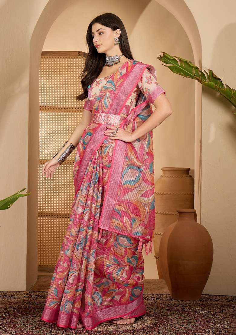 Pink Printed Linen Saree Set - Indya