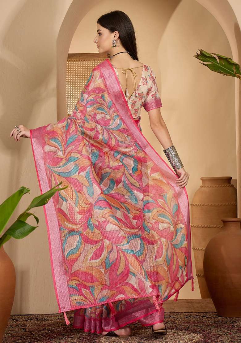 Pink Printed Linen Saree Set - Indya