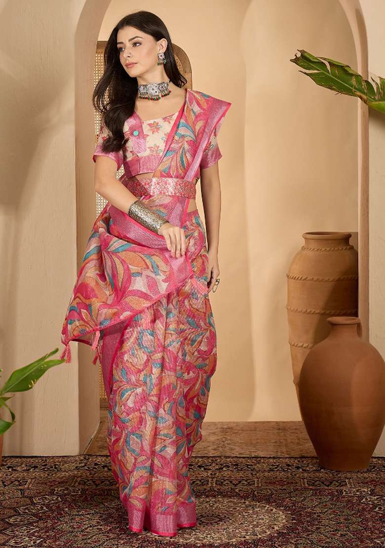 Pink Printed Linen Saree Set - Indya