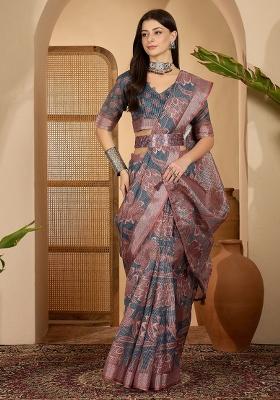 Dark Grey Printed Linen Saree Set