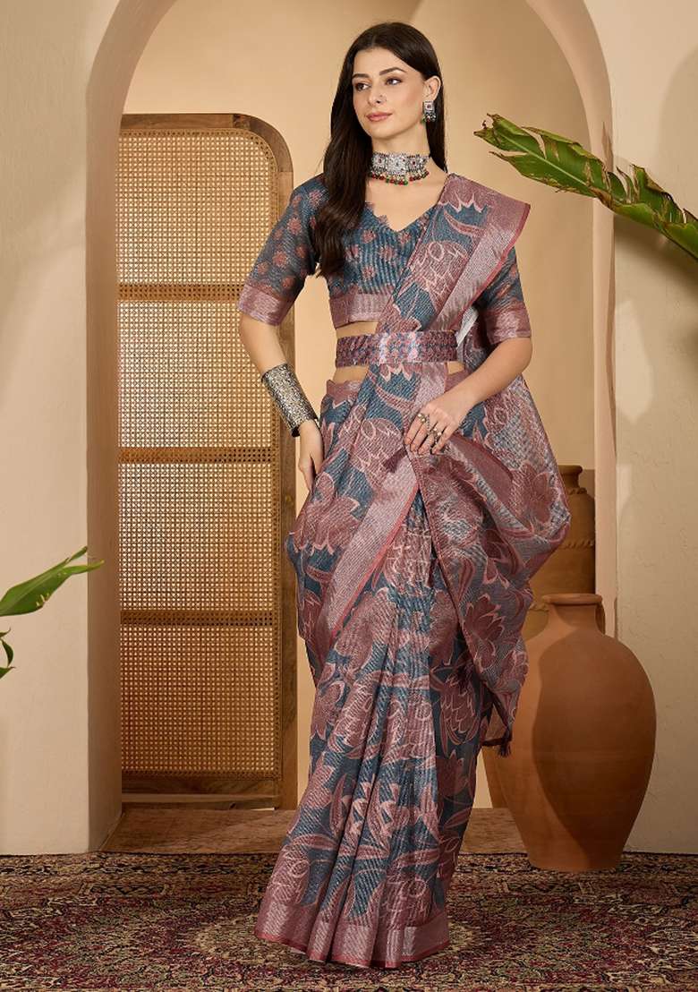Dark Grey Printed Linen Saree Set - Indya
