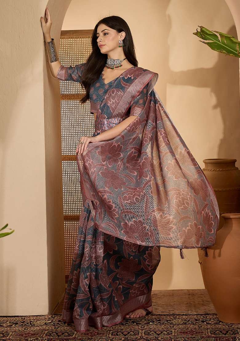 Dark Grey Printed Linen Saree Set - Indya